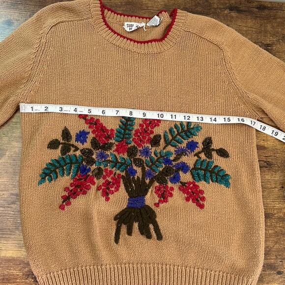 Vintage Suburban Petites Tan Floral Embroidered Cottagecore Sweater - Picture 6 of 15
